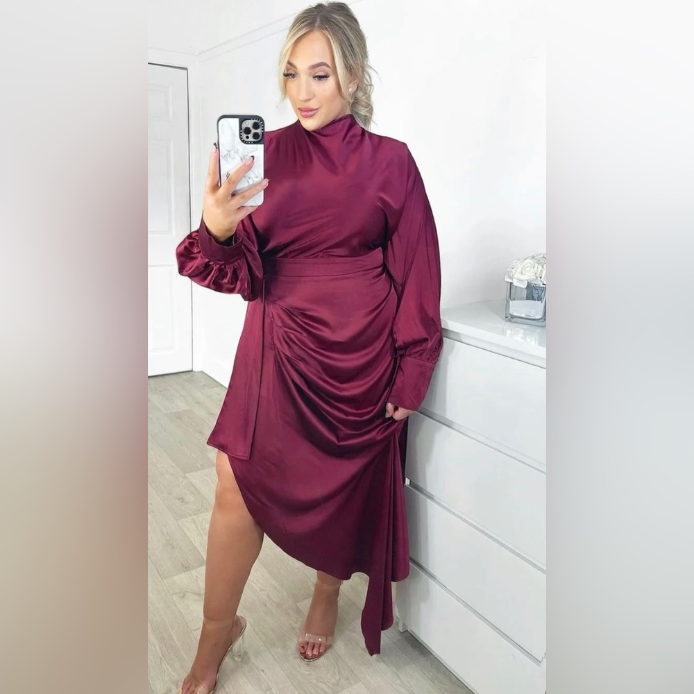 Wine Burgundy Ballon Sleeves Asymmetrical High Low Midi Dress